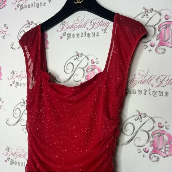 Jessie girl dress sparkly glitter red fairy whimsical cinched draped cute Y2K - Picture 10 of 11